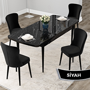 Due Serisi 80x132 Açılabilir Siyah Mermer Desen Mutfak Masası Takımı Ve 4 Siyah Sandalye Siyah