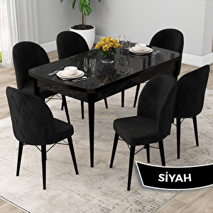 Rut Serisi 80x132 Açılabilir Siyah Mermer Desen Mutfak Masası Takımı Ve 6 Siyah Sandalye Siyah