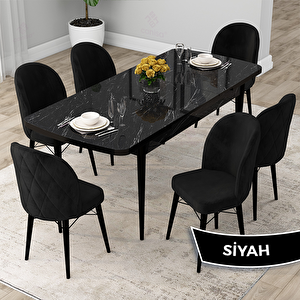 Rut Serisi 80x132 Açılabilir Siyah Mermer Desen Mutfak Masası Takımı Ve 6 Siyah Sandalye Siyah