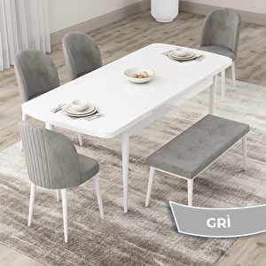 Roe Serisi 80x132 Açılabilir Beyaz Mutfak Masası Takımı Ve 4 Gri Sandalye Ve 1 Bench Gri
