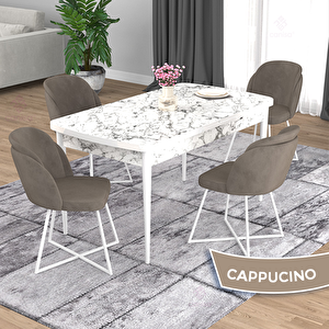 Oga Serisi 80x132 Açılabilir Beyaz Mermer Desen Mutfak Masası Takımı Ve 4 Cappucino Sandalye Cappucino
