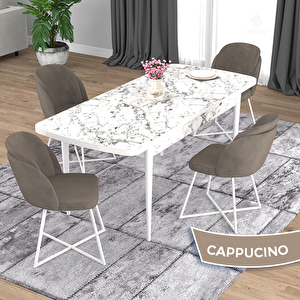 Oga Serisi 80x132 Açılabilir Beyaz Mermer Desen Mutfak Masası Takımı Ve 4 Cappucino Sandalye Cappucino