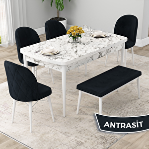 Rut Serisi 80x132 Açılabilir Beyaz Mermer Desen Mutfak Masası Takımı Ve 4 Antrasit Sandalye Ve 1 Bench Antrasit