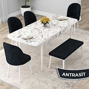 Rut Serisi 80x132 Açılabilir Beyaz Mermer Desen Mutfak Masası Takımı Ve 4 Antrasit Sandalye Ve 1 Bench Antrasit