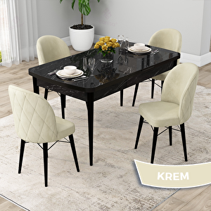 Rut Serisi 80x132 Açılabilir Siyah Mermer Desen Mutfak Masası Takımı Ve 4 Krem Sandalye Krem