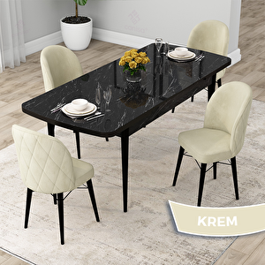 Rut Serisi 80x132 Açılabilir Siyah Mermer Desen Mutfak Masası Takımı Ve 4 Krem Sandalye Krem