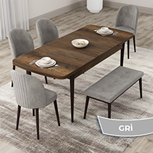 Roe Serisi 80x132 Açılabilir Barok Ahşap Desen Mutfak Masası Takımı Ve 4 Gri Sandalye Ve 1 Bench Gri
