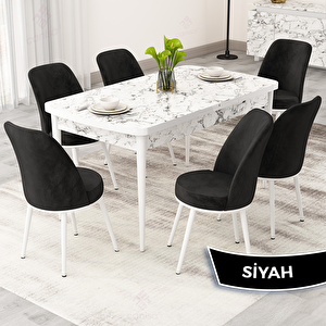 Rax Serisi 80x132 Açılabilir Beyaz Mermer Desen Mutfak Masası Takımı Ve 6 Siyah Sandalye Siyah