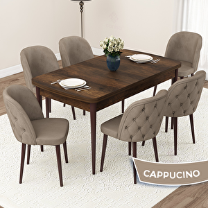 Jae Serisi 80x132 Açılabilir Barok Ahşap Desen Mutfak Masası Takımı Ve 6 Cappucino Sandalye Cappucino