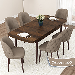 Jae Serisi 80x132 Açılabilir Barok Ahşap Desen Mutfak Masası Takımı Ve 6 Cappucino Sandalye Cappucino