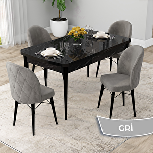 Rut Serisi 80x132 Açılabilir Siyah Mermer Desen Mutfak Masası Takımı Ve 4 Gri Sandalye Gri