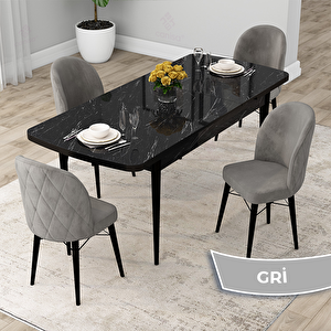 Rut Serisi 80x132 Açılabilir Siyah Mermer Desen Mutfak Masası Takımı Ve 4 Gri Sandalye Gri