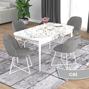 Oga Serisi 80x132 Açılabilir Beyaz Mermer Desen Mutfak Masası Takımı Ve 4 Gri Sandalye Gri