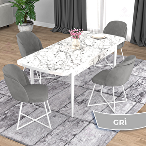 Oga Serisi 80x132 Açılabilir Beyaz Mermer Desen Mutfak Masası Takımı Ve 4 Gri Sandalye Gri