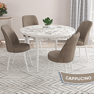 Kea Serisi Yuvarlak Beyaz Mermer Desen Mutfak Masası Takımı Ve 4 Cappucino Sandalye Cappucino