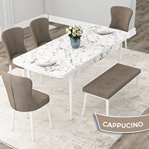 Due Serisi 80x132 Açılabilir Beyaz Mermer Desen Mutfak Masası Takımı Ve 4 Cappucino Sandalye Ve 1 Bench Cappucino