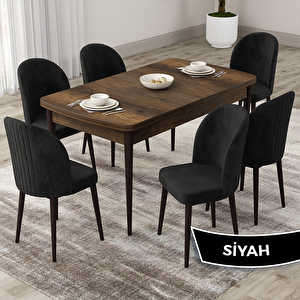 Roe Serisi 80x132 Açılabilir Barok Ahşap Desen Mutfak Masası Takımı Ve 6 Siyah Sandalye Siyah