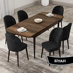 Roe Serisi 80x132 Açılabilir Barok Ahşap Desen Mutfak Masası Takımı Ve 6 Siyah Sandalye Siyah