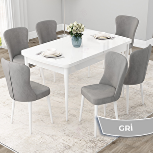 Due Serisi 80x132 Açılabilir Beyaz Mutfak Masası Takımı Ve 6 Gri Sandalye Gri