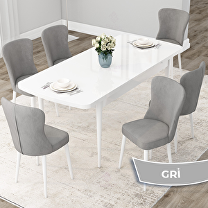 Due Serisi 80x132 Açılabilir Beyaz Mutfak Masası Takımı Ve 6 Gri Sandalye Gri