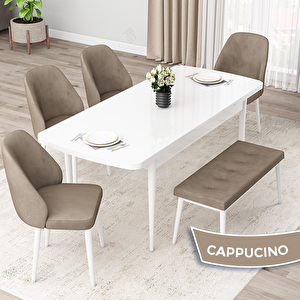 Orf Serisi 80x132 Açılabilir Beyaz Mutfak Masası Takımı Ve 4 Cappucino Sandalye Ve 1 Bench Cappucino