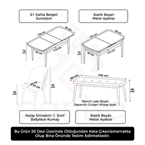 Jae Serisi 80x132 Açılabilir Barok Ahşap Desen Mutfak Masası Takımı Ve 4 Gri Sandalye Ve 1 Bench