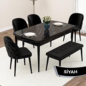 Jae Serisi 80x132 Açılabilir Siyah Mermer Desen Mutfak Masası Takımı Ve 4 Siyah Sandalye Ve 1 Bench Siyah