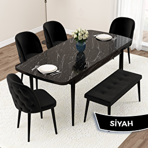 Jae Serisi 80x132 Açılabilir Siyah Mermer Desen Mutfak Masası Takımı Ve 4 Siyah Sandalye Ve 1 Bench Siyah