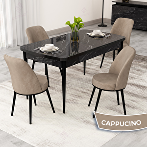 Rax Serisi 80x132 Açılabilir Siyah Mermer Desen Mutfak Masası Takımı Ve 4 Cappucino Sandalye Cappucino