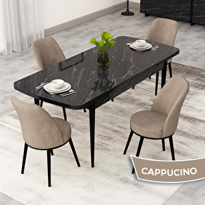 Rax Serisi 80x132 Açılabilir Siyah Mermer Desen Mutfak Masası Takımı Ve 4 Cappucino Sandalye Cappucino