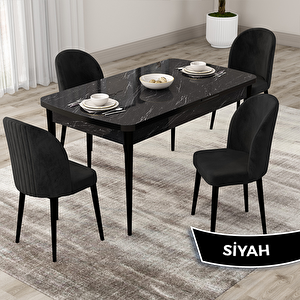 Roe Serisi 80x132 Açılabilir Siyah Mermer Desen Mutfak Masası Takımı Ve 4 Siyah Sandalye Siyah