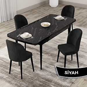 Roe Serisi 80x132 Açılabilir Siyah Mermer Desen Mutfak Masası Takımı Ve 4 Siyah Sandalye Siyah