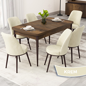 Rax Serisi 80x132 Açılabilir Barok Ahşap Desen Mutfak Masası Takımı Ve 6 Krem Sandalye Krem