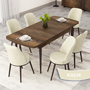 Rax Serisi 80x132 Açılabilir Barok Ahşap Desen Mutfak Masası Takımı Ve 6 Krem Sandalye Krem