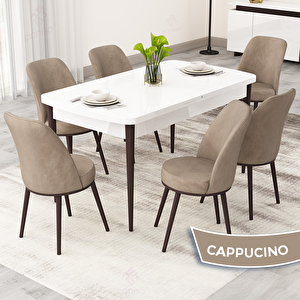 Rax Serisi 80x132 Açılabilir Beyaz Masa Ceviz Ayak Mutfak Masası Takımı Ve 6 Cappucino Sandalye Cappucino