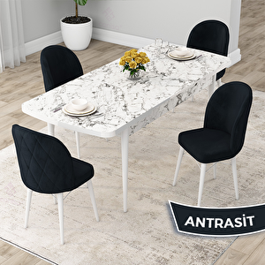 Rut Serisi 80x132 Açılabilir Beyaz Mermer Desen Mutfak Masası Takımı Ve 4 Antrasit Sandalye Antrasit