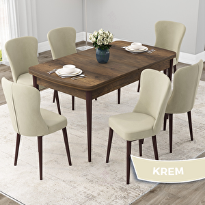 Due Serisi 80x132 Açılabilir Barok Ahşap Desen Mutfak Masası Takımı Ve 6 Krem Sandalye Krem
