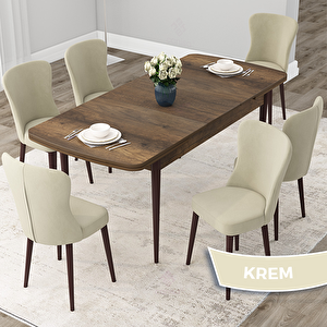 Due Serisi 80x132 Açılabilir Barok Ahşap Desen Mutfak Masası Takımı Ve 6 Krem Sandalye Krem