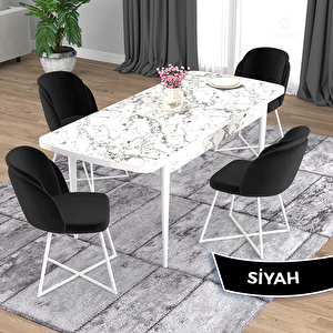 Oga Serisi 80x132 Açılabilir Beyaz Mermer Desen Mutfak Masası Takımı Ve 4 Siyah Sandalye Siyah