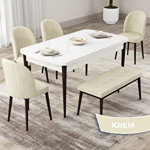 Roe Serisi 80x132 Açılabilir Beyaz Masa Ceviz Ayak Mutfak Masası Takımı Ve 4 Krem Sandalye Ve 1 Bench Krem