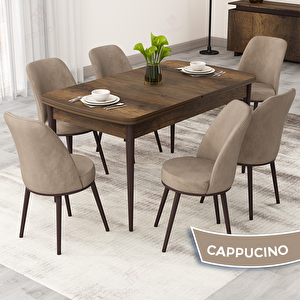 Rax Serisi 80x132 Açılabilir Barok Ahşap Desen Mutfak Masası Takımı Ve 6 Cappucino Sandalye Cappucino