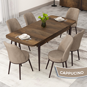 Rax Serisi 80x132 Açılabilir Barok Ahşap Desen Mutfak Masası Takımı Ve 6 Cappucino Sandalye Cappucino