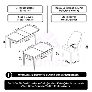 Orf Serisi 80x132 Açılabilir Beyaz Mermer Desen Mutfak Masası Takımı Ve 6 Antrasit Sandalye