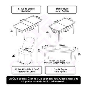 Orf Serisi 80x132 Açılabilir Barok Ahşap Desen Mutfak Masası Takımı Ve 4 Krem Sandalye Ve 1 Bench