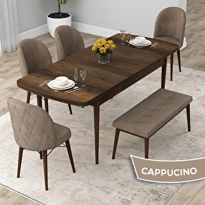 Rut Serisi 80x132 Açılabilir Barok Ahşap Desen Mutfak Masası Takımı Ve 4 Cappucino Sandalye Ve 1 Bench Cappucino