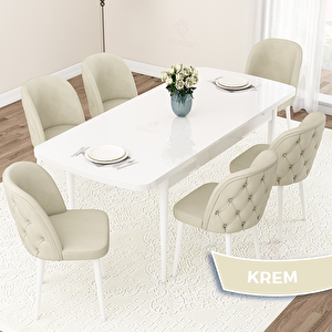 Jae Serisi 80x132 Açılabilir Beyaz Mutfak Masası Takımı Ve 6 Krem Sandalye Krem