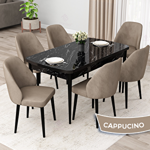 Orf Serisi 80x132 Açılabilir Siyah Mermer Desen Mutfak Masası Takımı Ve 6 Cappucino Sandalye Cappucino
