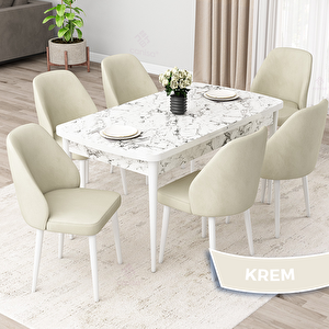 Orf Serisi 80x132 Açılabilir Beyaz Mermer Desen Mutfak Masası Takımı Ve 6 Krem Sandalye Krem