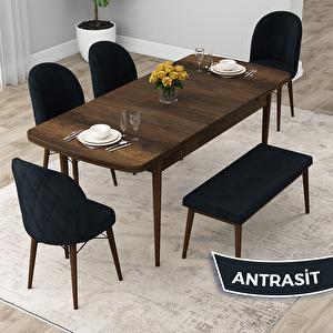 Rut Serisi 80x132 Açılabilir Barok Ahşap Desen Mutfak Masası Takımı Ve 4 Antrasit Sandalye Ve 1 Bench Antrasit