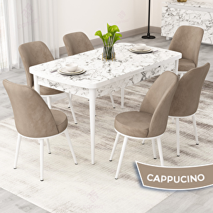 Rax Serisi 80x132 Açılabilir Beyaz Mermer Desen Mutfak Masası Takımı Ve 6 Cappucino Sandalye Cappucino